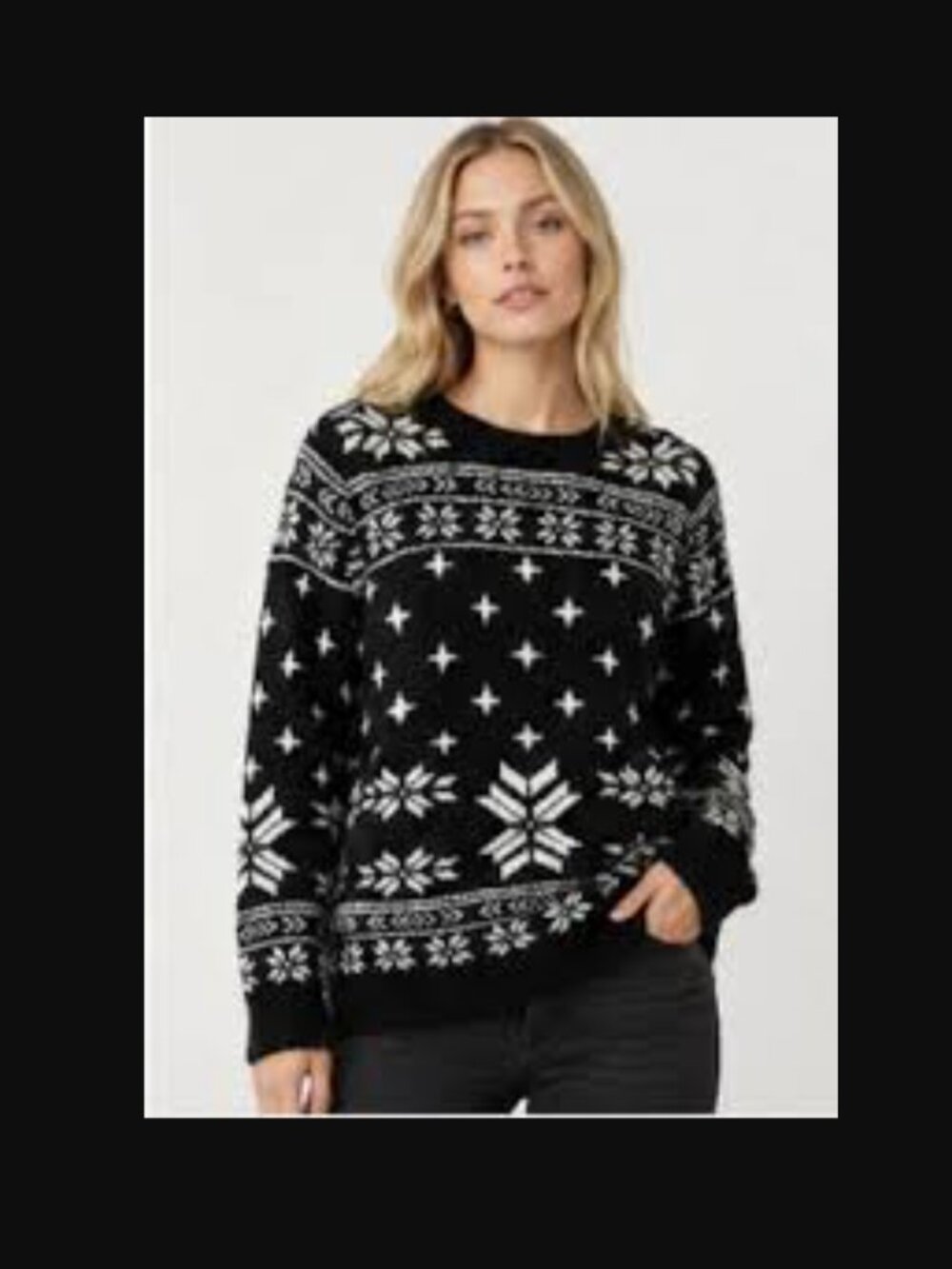 Barefoot Dreams CozyChic Fair Isle Snowflake Crewneck Sweater Black White Small